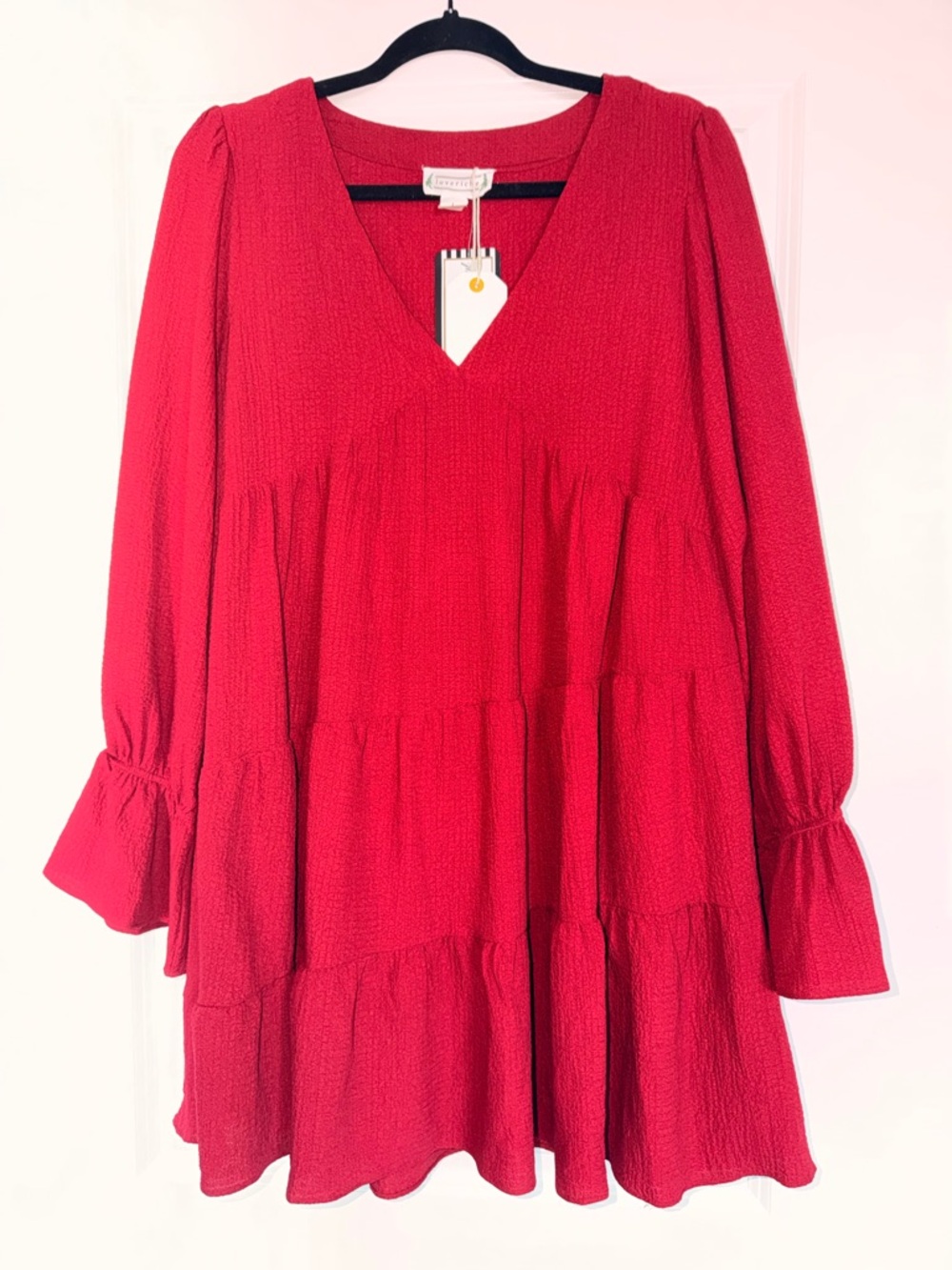 NWT! Deep Red Tiered V-Neck Long Sleeve Mini Dress Women’s